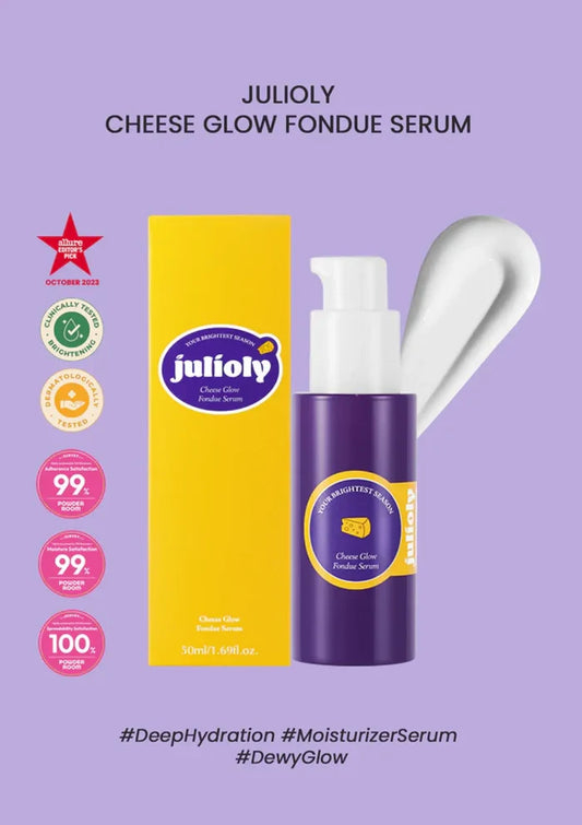 Julioly Cheese Glow Fondue Serum with packaging on a purple background