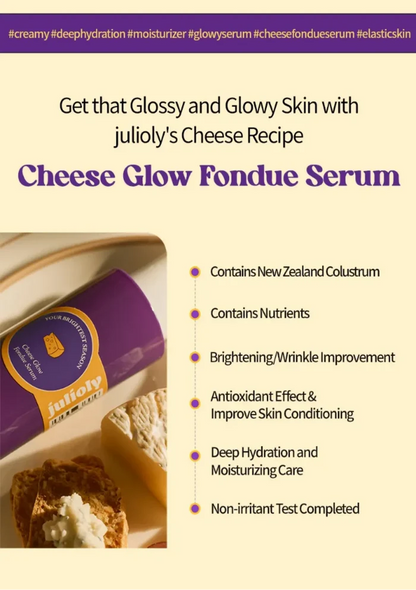 Advertisement for juliyol's Cheese Glow Fondue Serum with product and text on a beige background