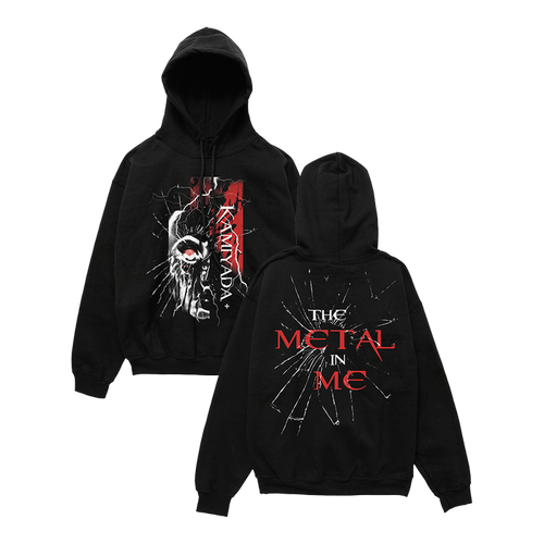 Black pullover on a white background. Front of the tee has a robot face with a red eye with text Kamiyada+. Back print says THE METAL IN ME with glass shatter effect.