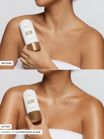 Before and after comparison of a person using a skincare product labeled 'Mandy in Champagne Glow'.