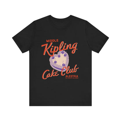 Thtgrlreads Ruthless Boys of the Zodiac collection black Comfort Colors fitted tee with vintage-style orange script and purple heart cake graphic, soft unisex fit.