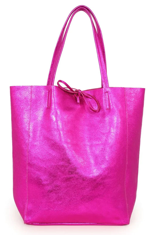 Ladies Soft Italian Real Leather Metallic Shopper Tote Bags Women Girls College Shoulder Handbags for Women