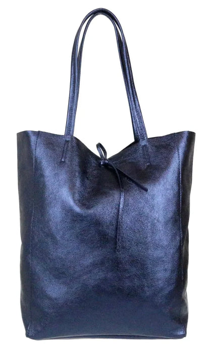 Ladies Soft Italian Real Leather Metallic Shopper Tote Bags Women Girls College Shoulder Handbags for Women