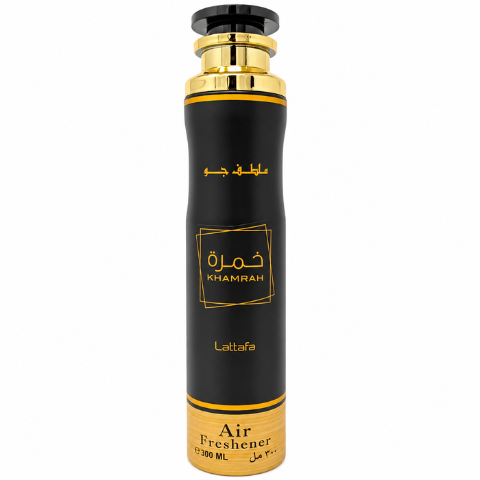 Lattafa Khamrah Air Freshener, luxurious home fragrance spray with warm, sweet, spicy notes, designed to refresh rooms and create an elegant, inviting atmosphere.