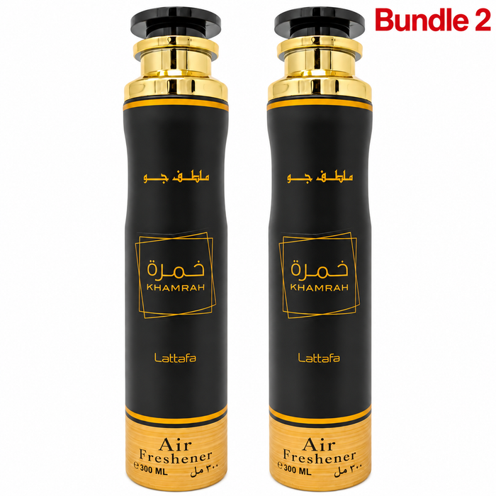 Lattafa Khamrah Air Freshener, luxurious home fragrance spray with warm, sweet, spicy notes, designed to refresh rooms and create an elegant, inviting atmosphere.