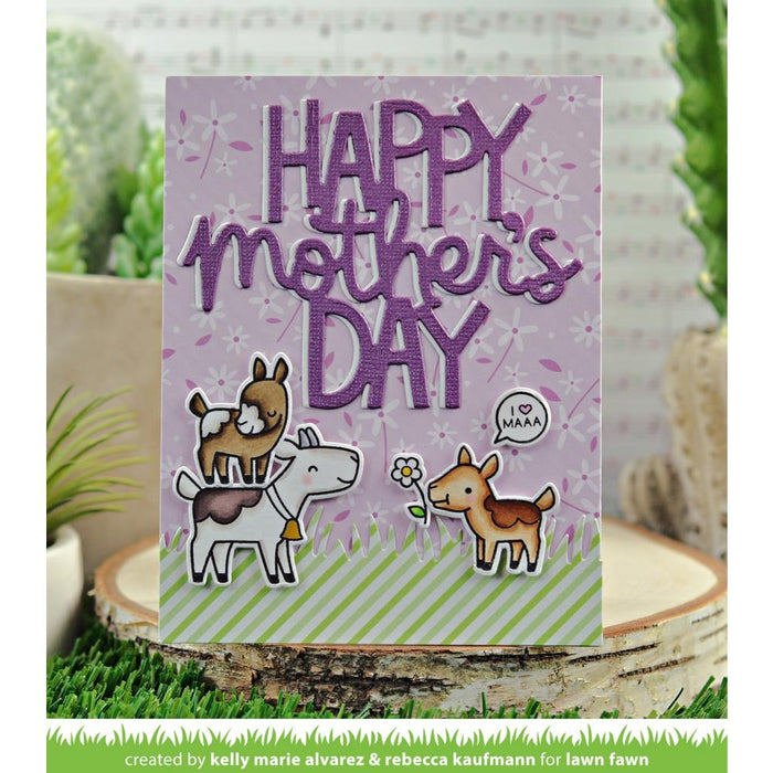 Lawn Fawn - Cuts Custom Craft Die - Giant Happy Mother's Day. Available at Embellish Away located in Bowmanville Ontario Canada. Card design by Kelly Marie Alvarez & Rebecca Kaufmann.