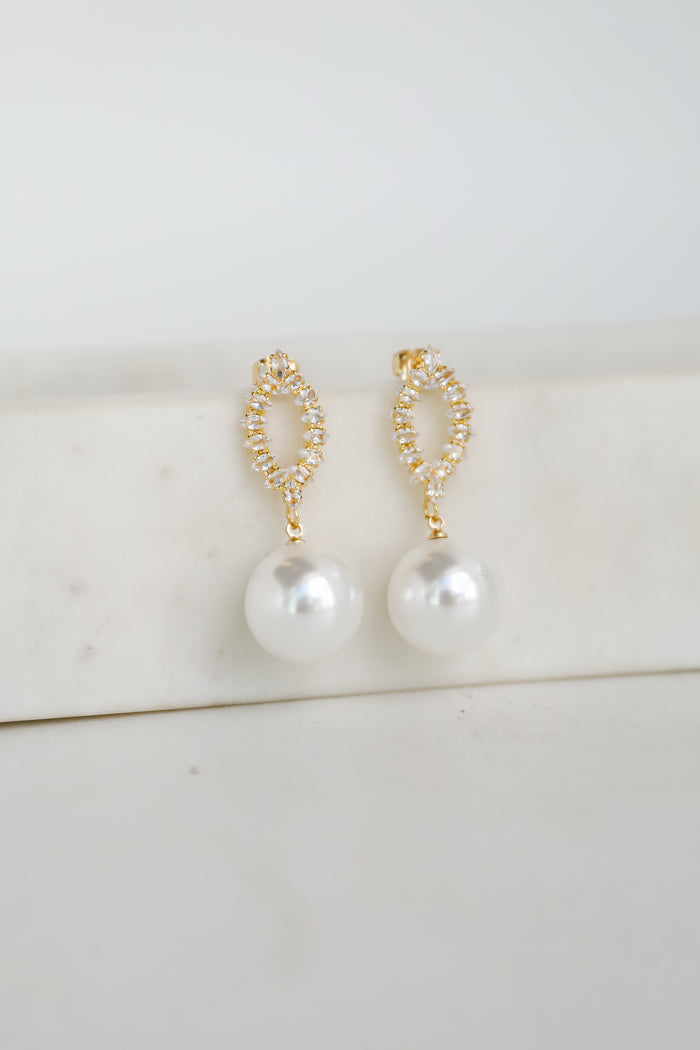 Lena White Rhinestone Pearl Drop Earrings