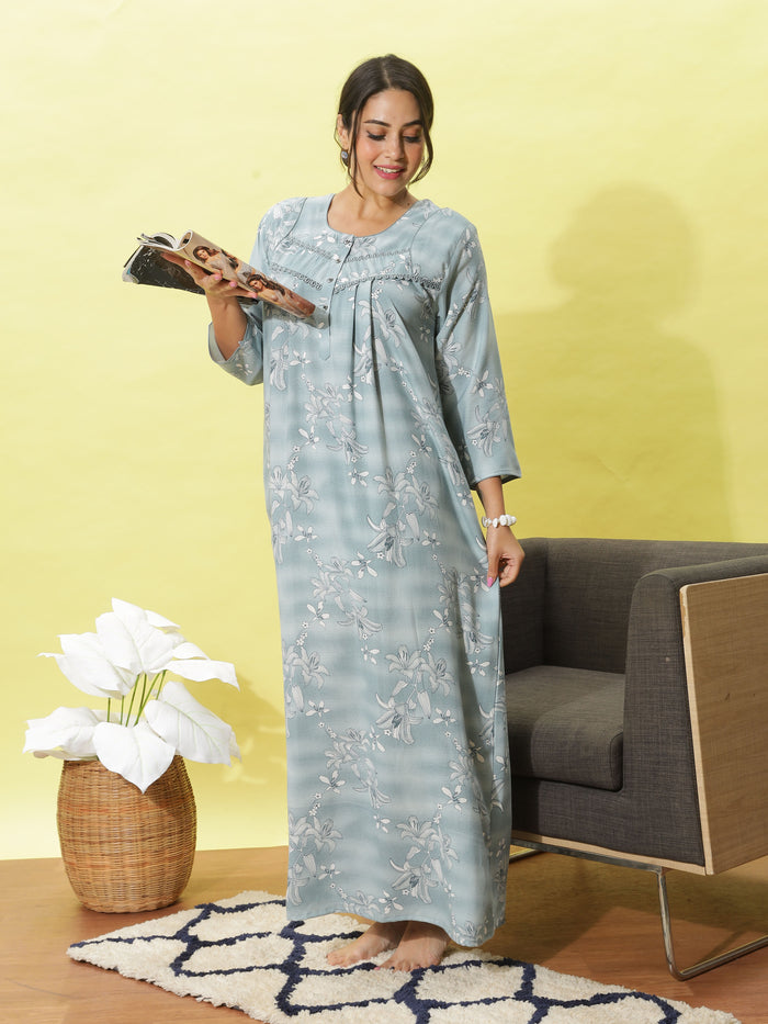 Stylish Light Blue Embroidered Night dress for Women