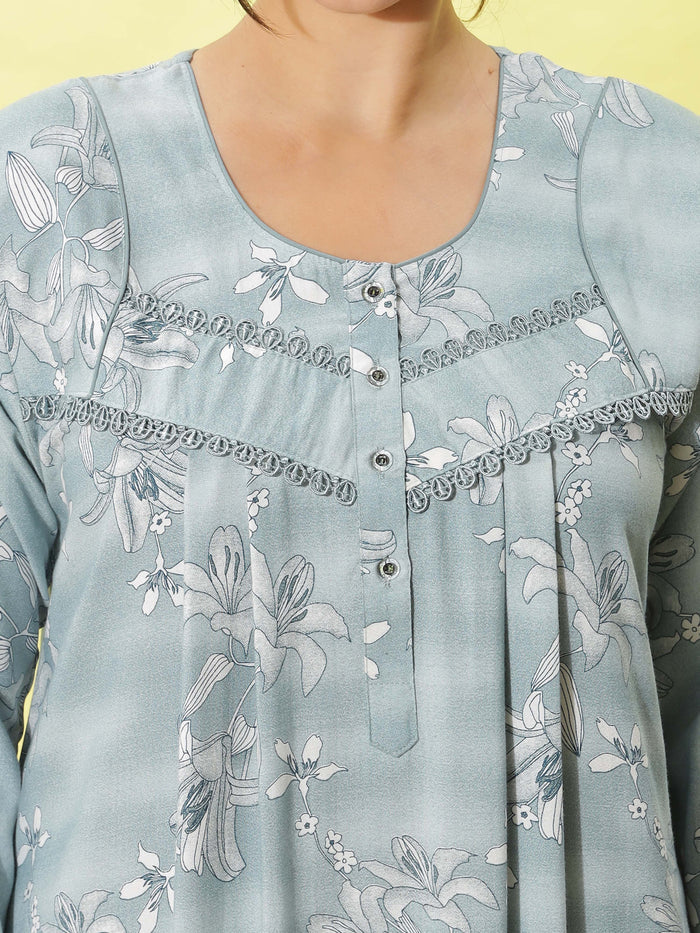 Stylish Light Blue Embroidered Night dress for Women