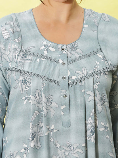 Stylish Light Blue Embroidered Night dress for Women