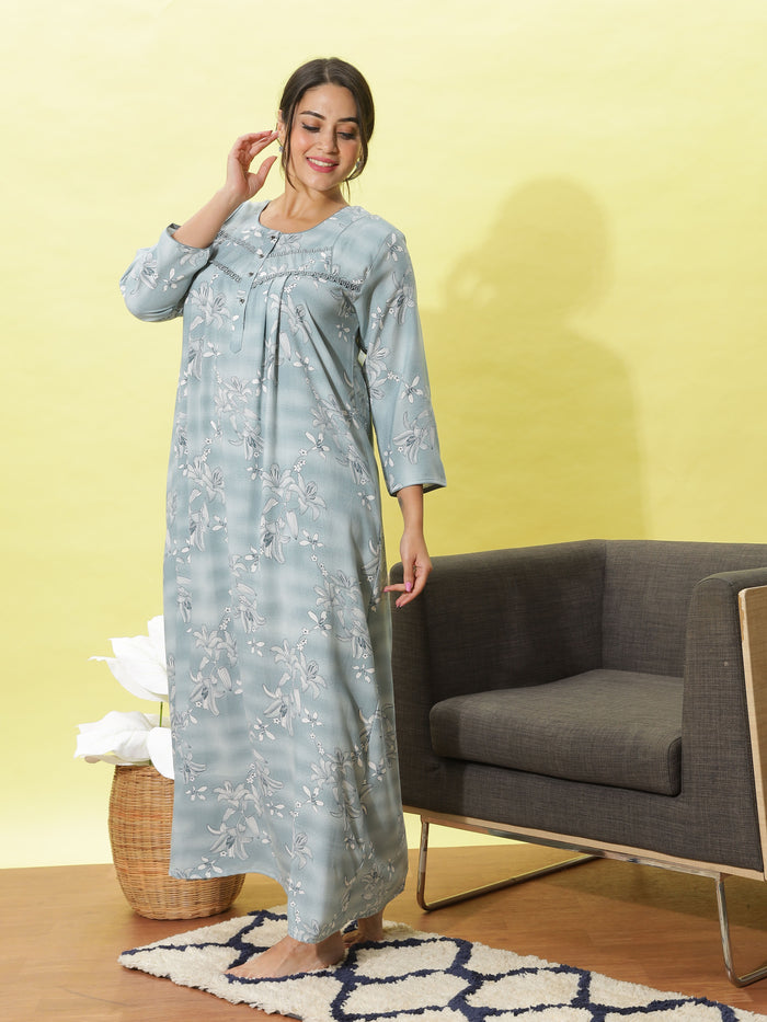 Stylish Light Blue Embroidered Night dress for Women