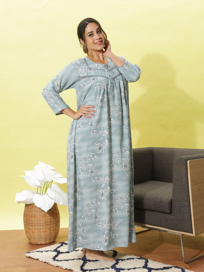 Stylish Light Blue Embroidered Night dress for Women