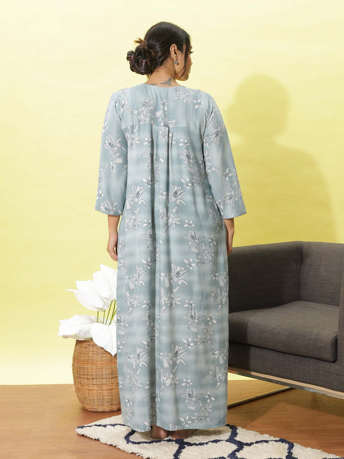 Stylish Light Blue Embroidered Night dress for Women