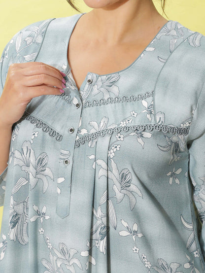 Stylish Light Blue Embroidered Night dress for Women