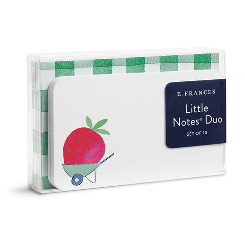 Little Notes duo set with strawberry graphic on white cards, wrapped in green gingham
