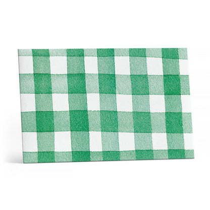 Green and white gingham note cards back cover, folded rectangular pack