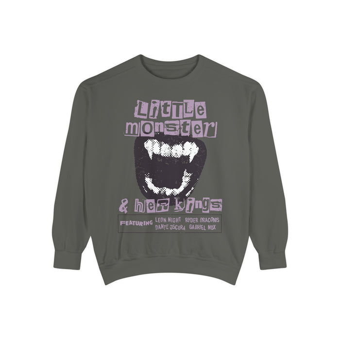 thtgrlreads Little Monster Sweatshirt from the Ruthless Boys of the Zodiac collection features a vintage wash oversized crewneck with a bold graphic of a monster mouth and stylized text, blending comfort and bookish fantasy style.