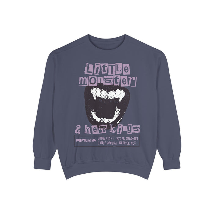 Thtgrlreads Ruthless Boys of the Zodiac collection oversized crewneck sweatshirt in vintage wash, featuring a bold graphic with distressed text and monster fang design in muted purple and black tones.