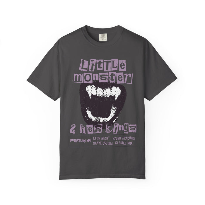 Thtgrlreads Ruthless Boys of the Zodiac collection Comfort Colors graphic tee in vintage wash gray with a large stylized mouth graphic and lavender ransom note-style text “Little Monster & Her Kings,” featuring character names.