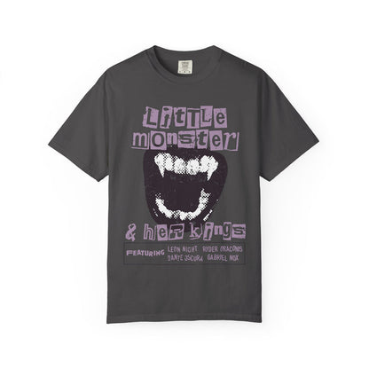 Thtgrlreads Ruthless Boys of the Zodiac collection Comfort Colors graphic tee in vintage wash gray with a large stylized mouth graphic and lavender ransom note-style text “Little Monster & Her Kings,” featuring character names.