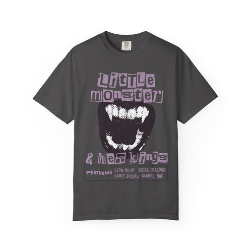 Thtgrlreads Ruthless Boys of the Zodiac collection Comfort Colors graphic tee in vintage wash gray with a large stylized mouth graphic and lavender ransom note-style text “Little Monster & Her Kings,” featuring character names.