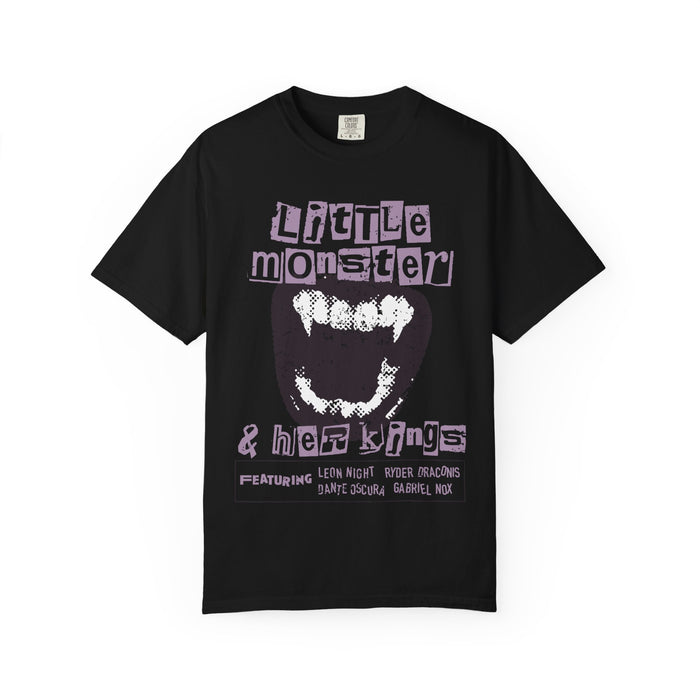 Thtgrlreads Ruthless Boys of the Zodiac collection black Comfort Colors graphic tee featuring vintage washed fabric and a bold distressed print with the phrase "Little Monster & Heart Kings" in gothic style lettering.