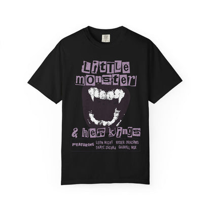Thtgrlreads Ruthless Boys of the Zodiac collection black Comfort Colors graphic tee featuring vintage washed fabric and a bold distressed print with the phrase "Little Monster & Heart Kings" in gothic style lettering.