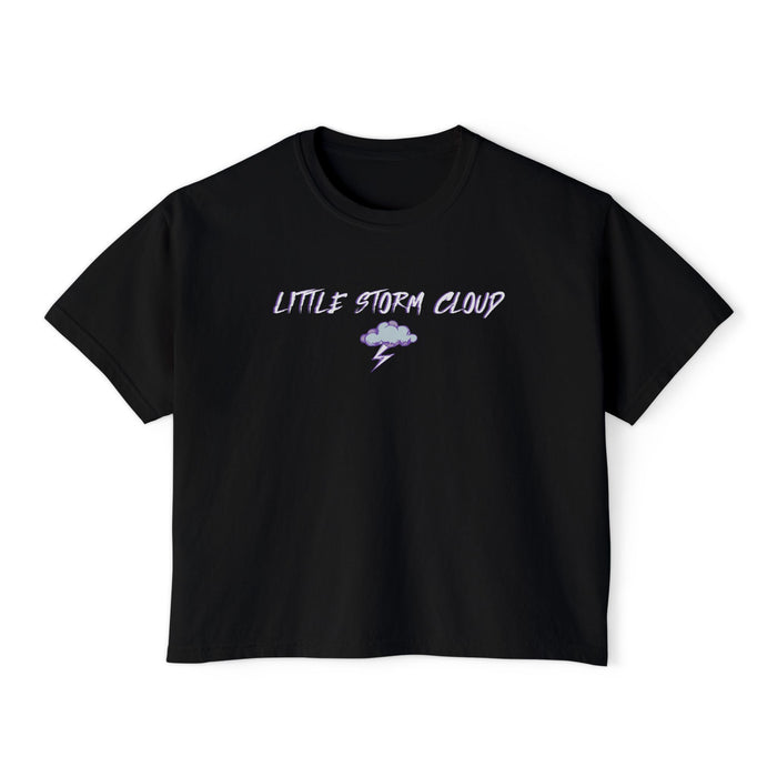 thtgrlreads Lady of Darkness & Legacy Series black Comfort Colors crop top featuring a vintage puff print graphic with a small storm cloud and lightning bolt above stylized text reading "Little Storm Cloud