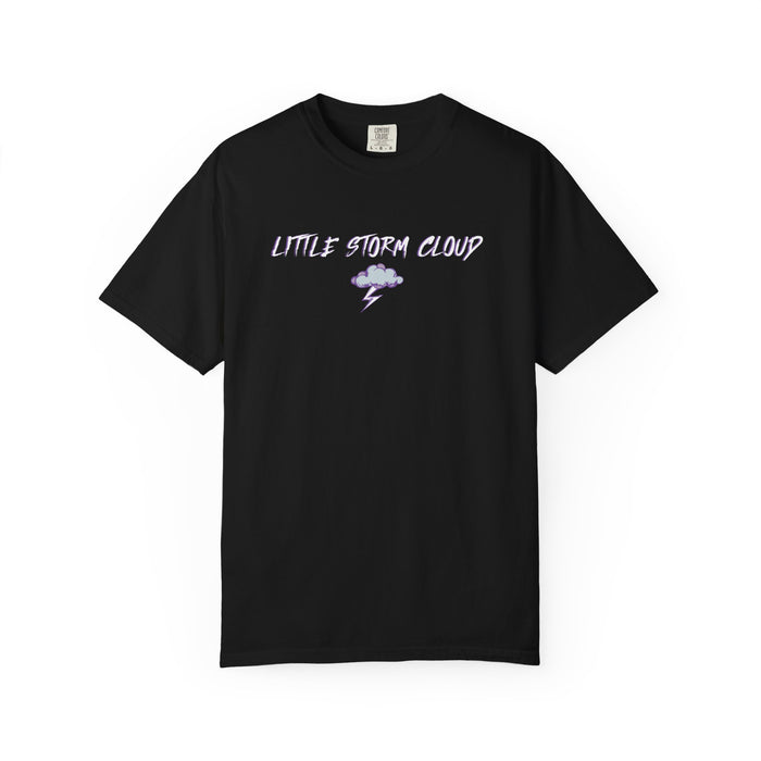 Black Comfort Colors graphic tee from thtgrlreads featuring vintage-washed fabric and a soft print with "Little Storm Cloud" text and a small cloud with lightning, part of Lady of Darkness & Legacy Series collections.