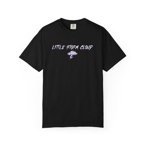 Black Comfort Colors graphic tee from thtgrlreads featuring vintage-washed fabric and a soft print with "Little Storm Cloud" text and a small cloud with lightning, part of Lady of Darkness & Legacy Series collections.