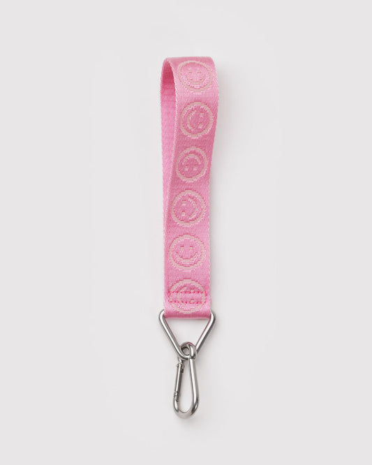 Pink fabric logo keychain strap with metal swivel clip and split key ring