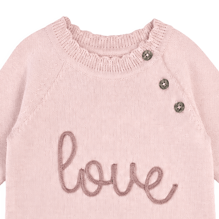 Detail of Love Embroidered Sweater Knit Baby Jumpsuit - Organic Cotton