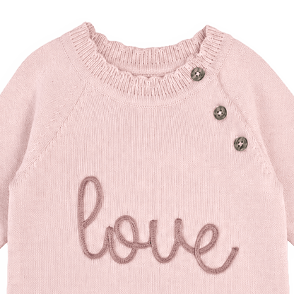 Detail of Love Embroidered Sweater Knit Baby Jumpsuit - Organic Cotton