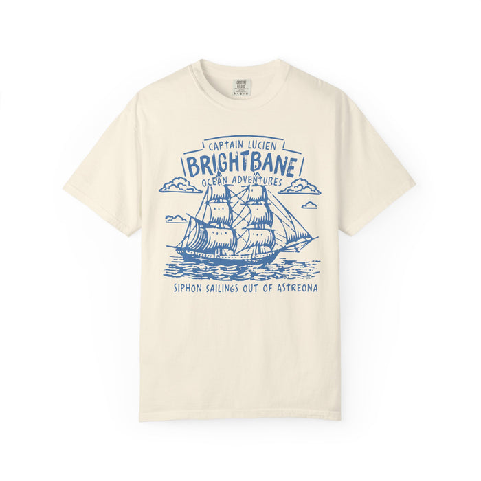 thtgrlreads officially licensed Wolves of Ruin collection vintage wash Comfort Colors graphic tee featuring a detailed navy blue sailing ship design by Printify.