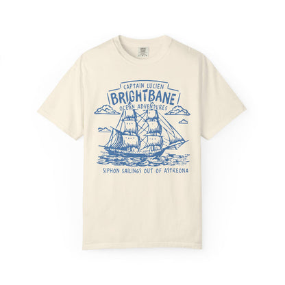 thtgrlreads officially licensed Wolves of Ruin collection vintage wash Comfort Colors graphic tee featuring a detailed navy blue sailing ship design by Printify.