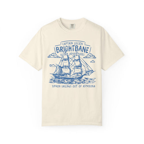 thtgrlreads officially licensed Wolves of Ruin collection vintage wash Comfort Colors graphic tee featuring a detailed navy blue sailing ship design by Printify.