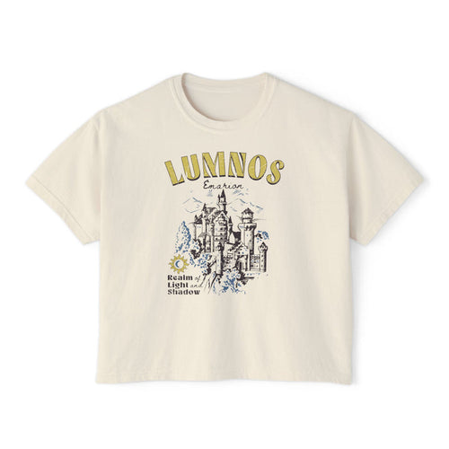 A vintage wash crop top from thtgrlreads inspired by the Kindred's Curse Saga featuring a Comfort Colors base with a graphic print of a castle and text in a classic fantasy style.