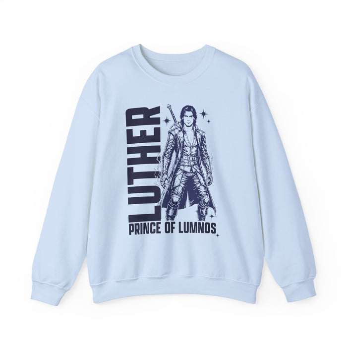 Thtgrlreads oversized crewneck sweatshirt in light blue from the Kindred's Curse Saga collection featuring a bold graphic print of Luther, Prince of Lumnos, with vintage wash fabric for comfort.