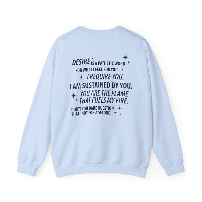 Kindred's Curse Saga crewneck from thtgrlreads featuring a light blue Comfort Colors vintage wash sweatshirt with bold black text quote and subtle star accents printed on the back.