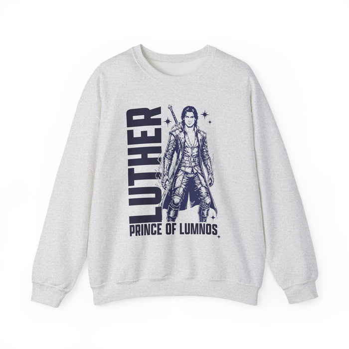 thtgrlreads Kindred's Curse Saga cozy Comfort Colors crewneck sweatshirt featuring a vintage-style graphic of Luther, Prince of Lumnos, in bold dark print, part of the Crewnecks collection.