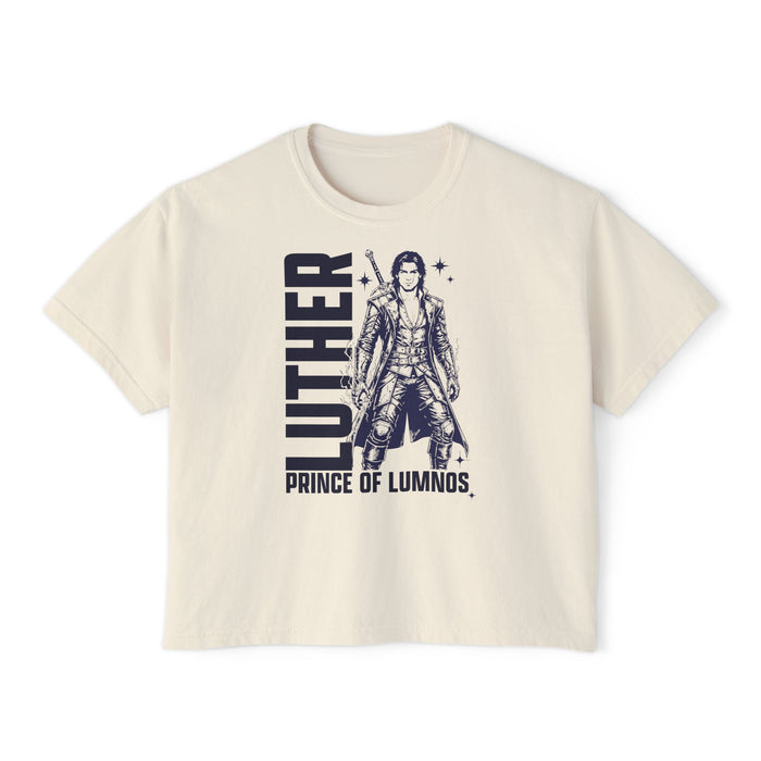 thtgrlreads cream-colored vintage wash Comfort Colors cropped t-shirt featuring a black graphic print of Luther, Prince of Lumnos, in bold text with a detailed character illustration.