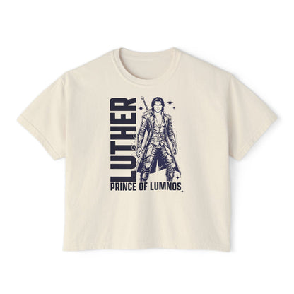 thtgrlreads cream-colored vintage wash Comfort Colors cropped t-shirt featuring a black graphic print of Luther, Prince of Lumnos, in bold text with a detailed character illustration.