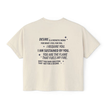 Kindred's Curse Saga crop top from thtgrlreads features vintage wash Comfort Colors fabric with a bold text graphic expressing intense romantic devotion, part of Tees collection.
