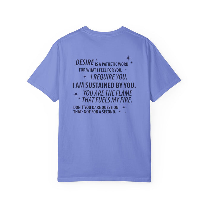 Kindred's Curse Saga inspired Comfort Colors graphic tee by thtgrlreads, featuring bold black printed romantic text on a vintage-washed lavender unisex cotton fabric.