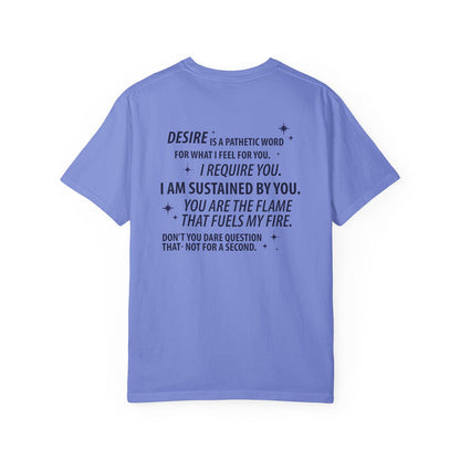 Kindred's Curse Saga inspired Comfort Colors graphic tee by thtgrlreads, featuring bold black printed romantic text on a vintage-washed lavender unisex cotton fabric.