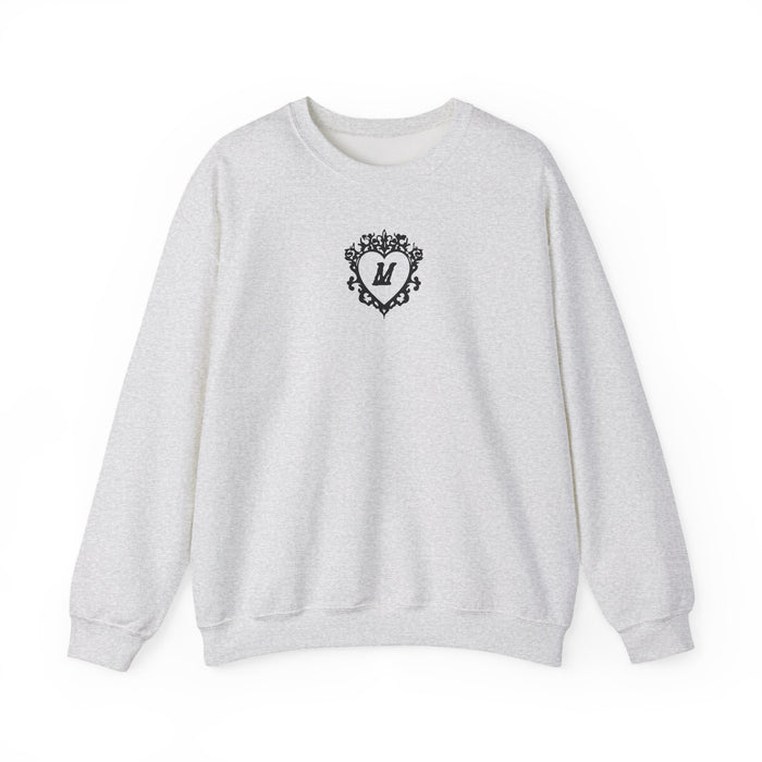 thtgrlreads cozy Comfort Colors oversized crewneck sweatshirt in light gray with a vintage-inspired black ornate heart design featuring the letter M in the center.