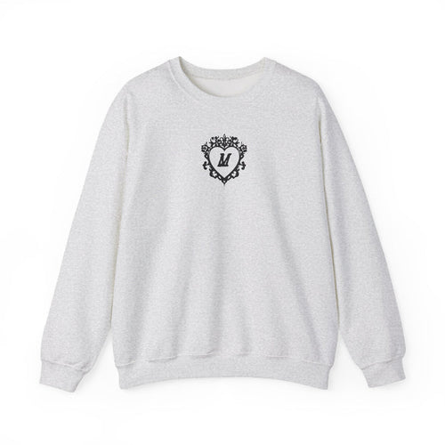 thtgrlreads cozy Comfort Colors oversized crewneck sweatshirt in light gray with a vintage-inspired black ornate heart design featuring the letter M in the center.