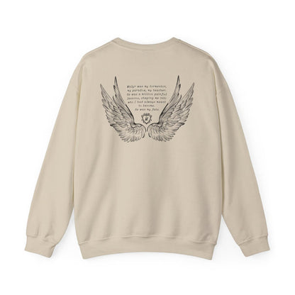 Liv Zander collection oversized crewneck sweatshirt by thtgrlreads featuring detailed vintage-style wing graphic and poetic text on a soft Comfort Colors base in a neutral tone.