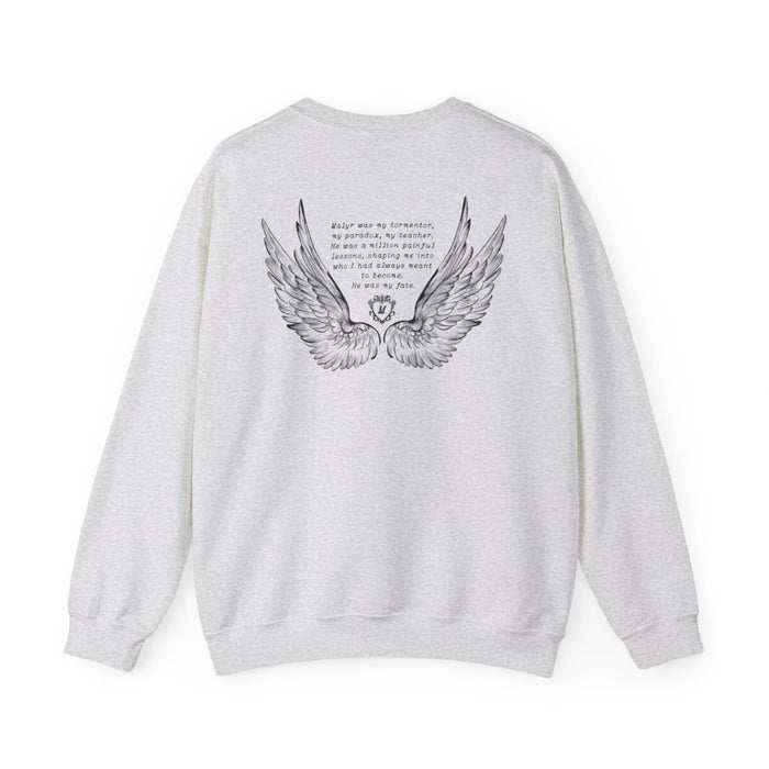 Liv Zander collection oversized crewneck from thtgrlreads featuring vintage-wash light gray Comfort Colors fabric and a detailed black wing graphic with poetic text on the back.