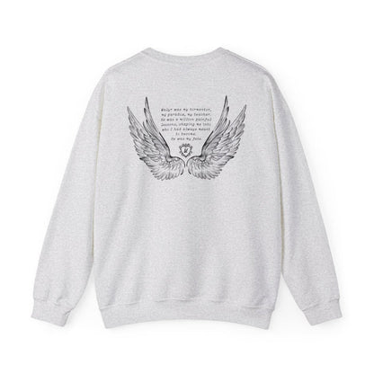 Liv Zander collection oversized crewneck from thtgrlreads featuring vintage-wash light gray Comfort Colors fabric and a detailed black wing graphic with poetic text on the back.